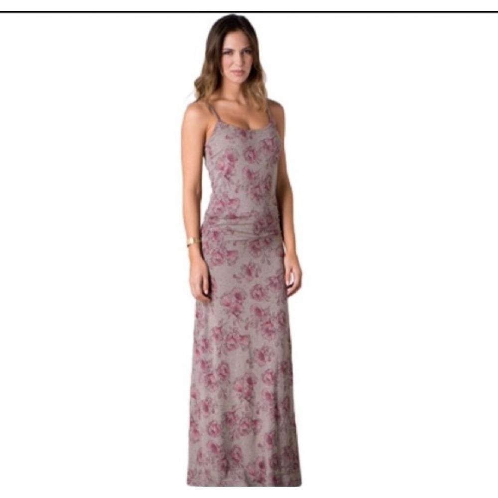 Toad & Co Floral Maxi Dress Women's M Organic Cotton Blend Tan Purple Fuchsia
